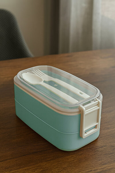 Vienev İki Katlı Saklama Kabı ve Öğün Kabı – Çatal Kaşık Dahil Mint