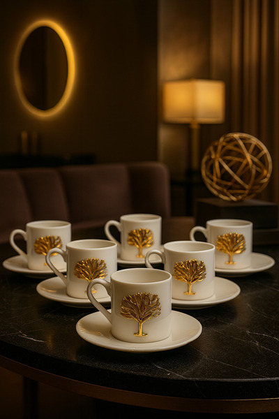 YzHome 6 Kişilik 12 Parça Beyaz Porselen Hayat Ağacı Kahve Fincan Takımı Seti...