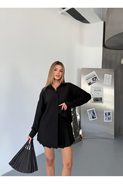 COMBİNE MİCHAİL Cămașă de in negru pentru femei Ayrobin cu buzunar