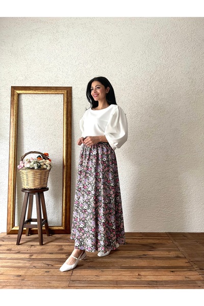 KÜÇÜĞÜM BUTİK Poplin Flared Skirt - Black and Lilac Floral Pattern