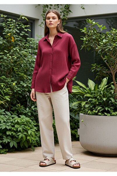 COMBİNE MİCHAİL New Season Women's Loose Cut Summer Shirt Claret Red