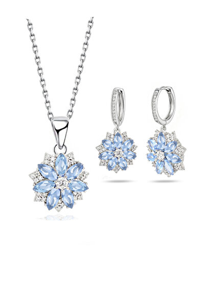 Brezza Lusso Jewelry Aquamarin Taşlı Pırlanta Model Lotus Çiçeği Kadın Gümüş Set