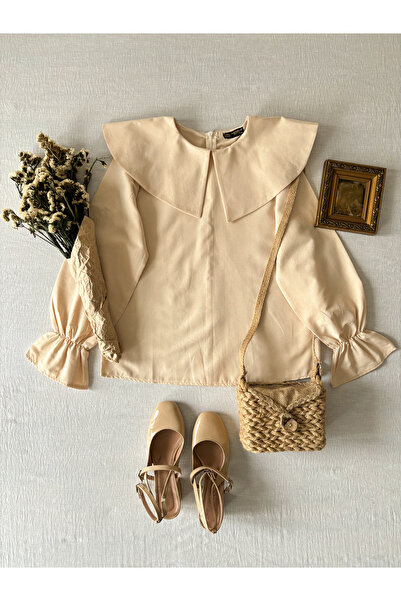 KÜÇÜĞÜM BUTİK Κρεμ μπλούζα ποπλίνα με μεγάλο γιακά