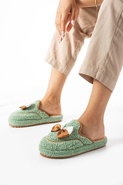 Moda Devrin Yeşil Papyon Kışlık Kadın Terlik