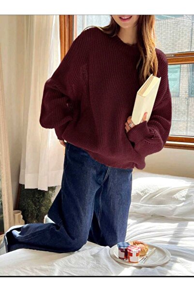 MODASPARK Bordo Bisiklet Yaka Oversize Kadın Triko Kazak