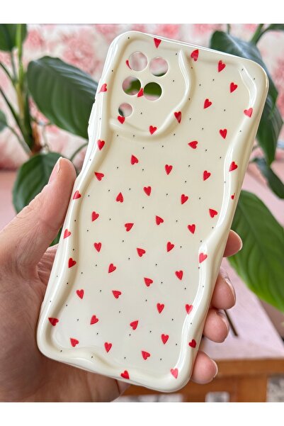 Fibaks Galaxy A12 - M12 Case Wave Edge Red Heart Pattern Silicone Cover with Camera Protection