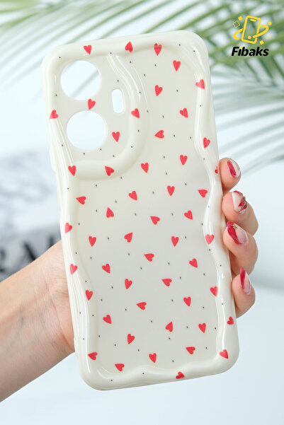 Fibaks Realme C55 Case Camera Protected Wave Edge Red Heart Pattern Silicone Cover