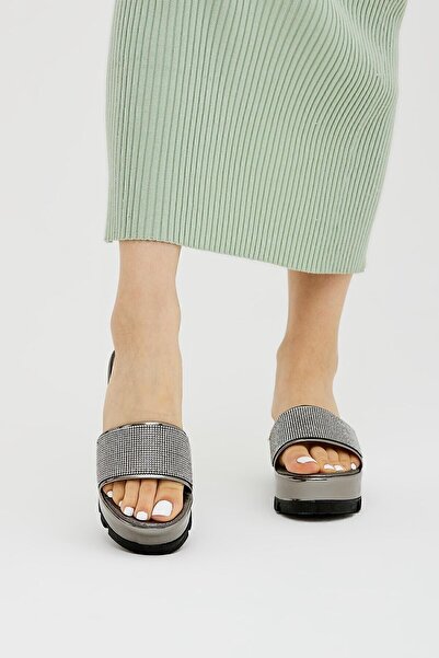 Moda Devrin Papuci de damă cu toc plat platină Piatră de platină Papuci cu talpă înaltă