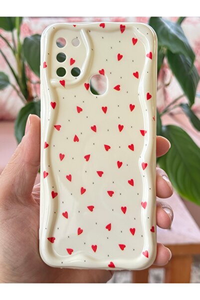 Fibaks Samsung Galaxy A21S Kılıf Kamera Korumalı Dalga Kenarlı Kırmızı Kalp Desenli Silikon Kapak