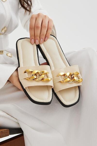 Moda Devrin Papuci de damă cu lanțuri bej, papuci de casă și de exterior