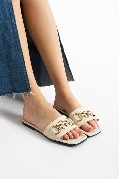 Moda Devrin Papuci de damă cu lanț bej Papuci de casă și exterior