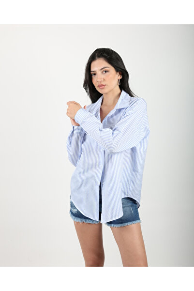 deqfashion قميص نسائي أزرق مخطط من القطن المقلم من الخلف أزرق اللون