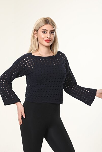 MODASPARK Lacivert Delikli Kadın Crop Bluz