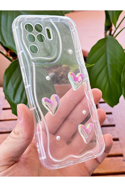 Fibaks Oppo Reno 5 Lite Case 3D Heart Pearl Design Patterned Camera Protection Transparent Silicone Cover