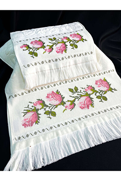 Sahra Çeyiz Nakış مجموعة مناشف مخملية مطرزة ومطرزة بتصميم خاص مكونة من قطعتين