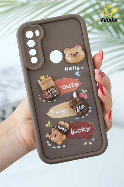 Fibaks Redmi Note 8 Compatible Case Designed Patterned Camera Protection Teddy Bear Brown Colored Soft Silicone Case