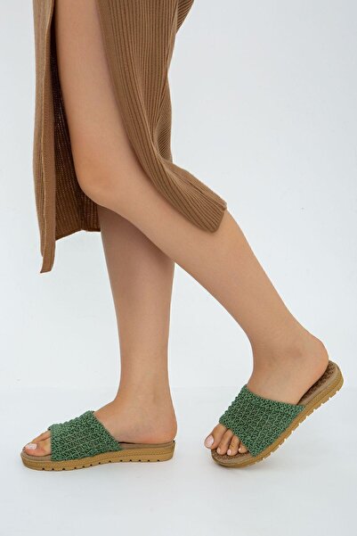 Moda Devrin Green Open Front Straw Knitted Outdoor and Home Slippers