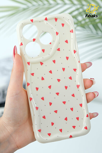 Fibaks Xiaomi Redmi 13 4g Case with Camera Protection Wave Edge Red Heart Pattern Silicone Cover