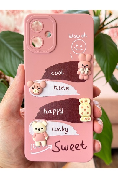 Fibaks Samsung Galaxy A06 Compatible Case Pink Rabbit Design Patterned Camera Protection Soft Silicone Cover