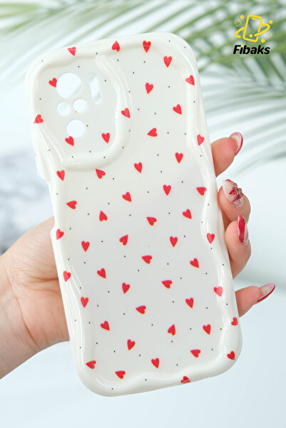 Fibaks Xiaomi Redmi Note 10 - 10S Case Camera Protected Wave Edge Red Heart Pattern Silicone Cover