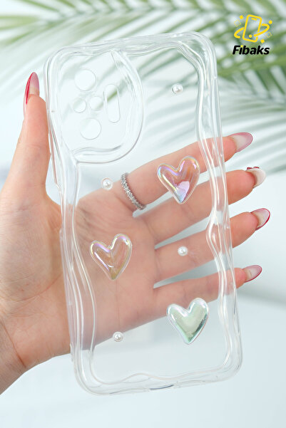 Fibaks Xiaomi Redmi Note 10 Pro Kılıf 3D Kalpli İnci Tasarımlı Desenli Kamera Korumalı Şeffaf Silikon Kapak