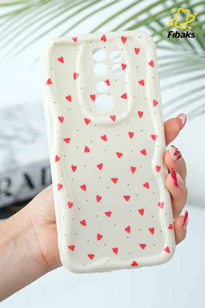 Fibaks Xiaomi Redmi Note 8 Pro Case Camera Protected Wave Edge Red Heart Pattern Silicone Cover