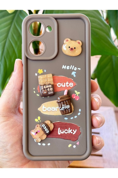 Fibaks Realme 10 4G Case Designed Patterned Camera Protected Teddy Bear Brown Color Soft Silicone Cap