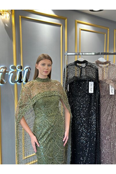 MissBetül İncili Pelerinli Straplez Haki Yeşili Abiye Ve Nişan Elbisesi