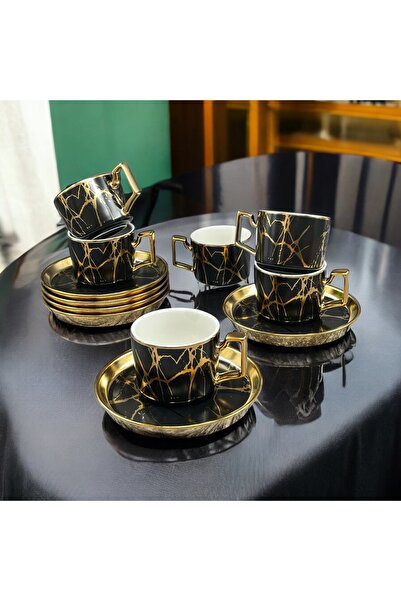 YzHome Black Marble Patterned Porcelain Gilded Coffee Cup Set for 6 People