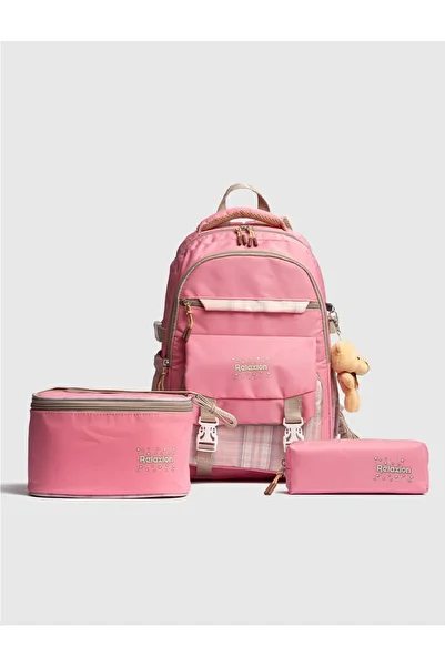 Relaxion Rlx-1396 Set of 3 Children's Primary School Bag Backpack with Pen Holder and Lunch Bag Pink