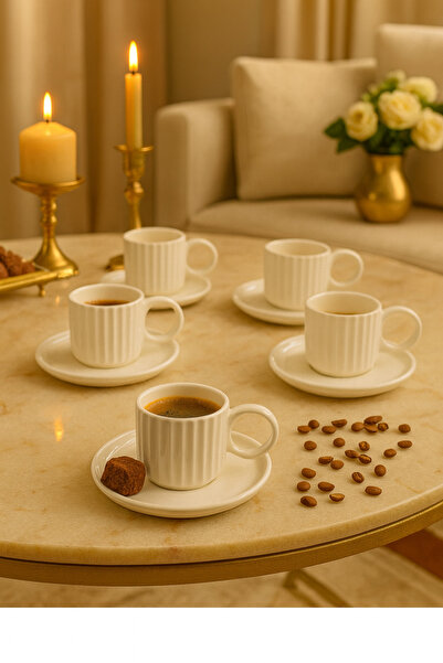 YzHome طقم فناجين قهوة مخططة بمقبض كبير من السيراميك الأبيض سعة 90 مل لـ 6 أشخاص