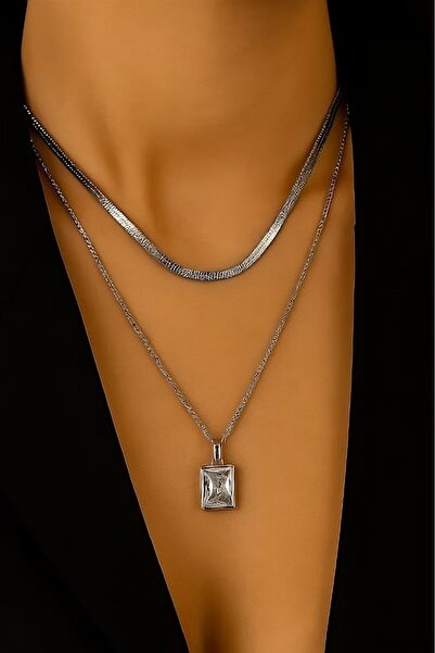 Redhead Gümüş Renk Kare Zirkon Taş Çoklu Çelik Kolye