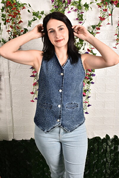 moda caddesi Women's Blue Button Accessory Stone Detailed Denim Vest