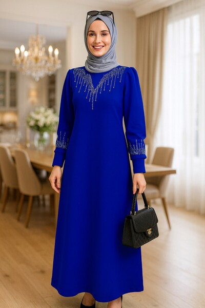 ALYA Gorgeous dress stone detailed crepe hijab dress saks blue