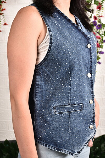 moda caddesi Women's Blue Button Accessory Stone Detailed Denim Vest