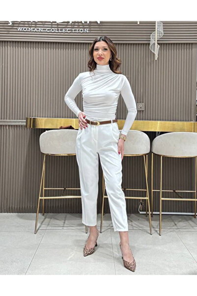 HEDEF DAİSY White Color Belt Detailed Long Classic Fit Women's Trousers