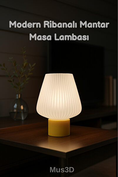 Mus3D Modern Ribanalı Mantar Masa Lambası - Sarı Tabanlı - Şık ve Sıcak Aydın...