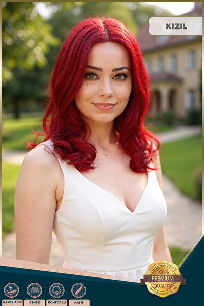 KONAK PERUK Kahkülsüz Fiber Sentetik Orta Boy Dalgalı Peruk - Kızıl