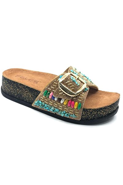 KOCAMANLAR Feles Single Buckle Cork Sole Stone Detailed Women's Slippers Gold