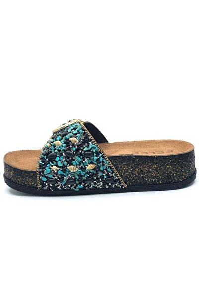 Kocamanlar Ayakkabı Feles Single Buckle Cork Sole Stone Detailed Women's Slippers Black