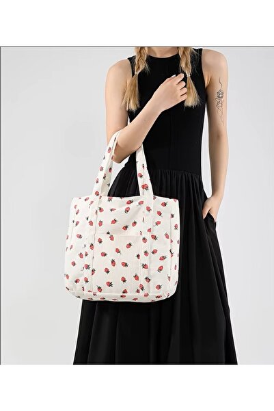 lusi Büyük Boy Çilek Desenli Tote Omuz Çantası