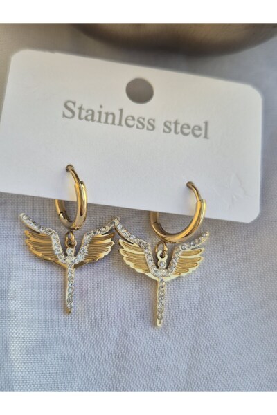 Pinkimaj أقراط فينيكس من الفولاذ بحجر الزركون الذهبي