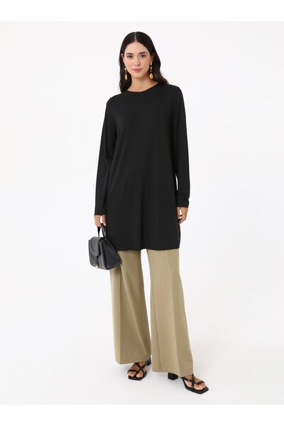 Benin Crew Neck Long Viscose Tunic - Black -