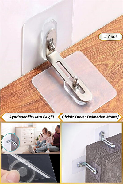 Hane Dostu 4 Adet Ultra Güçlü Duvar Delmeden Ayarlanabilir Mobilya Sabitleyici | Deprem Eşya Sabitleme Aparatı