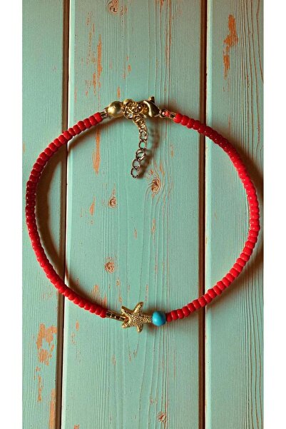 Bensei Takı Dükkanı BENSEİ Pirinç Üzeri Altın Kaplama Deniz Yıldızı, Miyuki ve Turkuaz Boncuklu , Çelik Zincirli Halhal