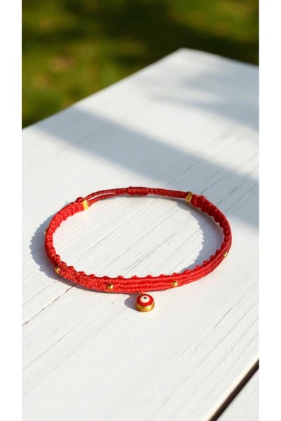Bensei Takı Dükkanı Bensei̇ Steel Case Red Evil Eye Bead Accessory, Steel Beaded, Micro Knot Red Bracelet