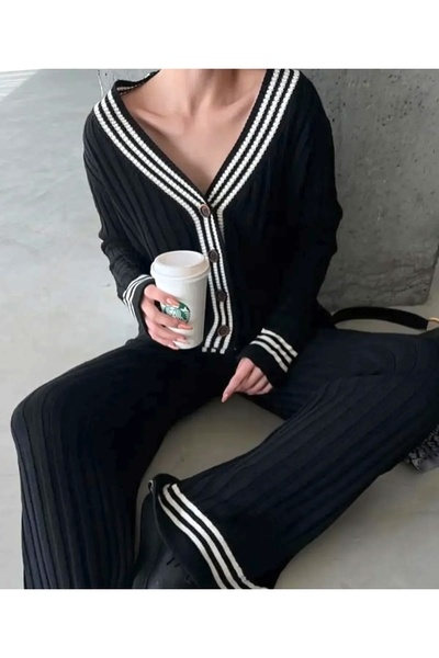 Lusin Women's Black Gold Button Detailed Striped Pocketed Cardigan Trouser Bottom Top Double Knitwear Set
