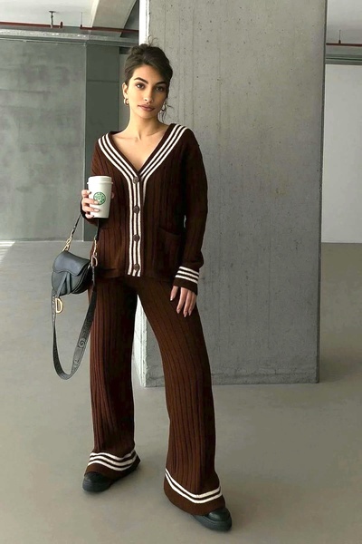 Lusin Women's Brown Gold Button Detailed Striped Pocketed Cardigan Trouser Bottom Top Double Knitwear Set