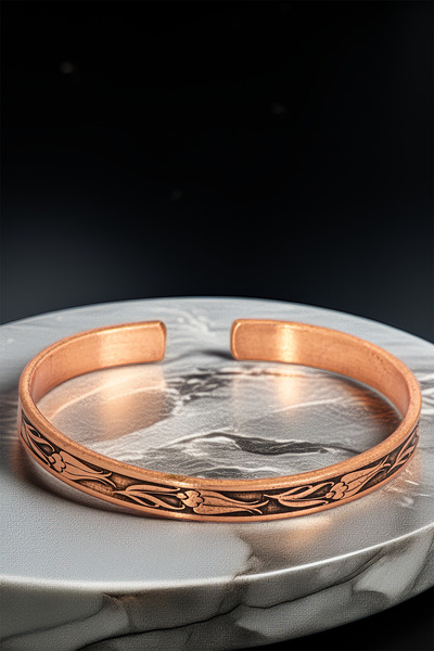 OSMANLI GÜMÜŞ Women's Copper Bracelet - Thin Copper Bracelet with Flower Engraving, Metal Box and Quartz Stones