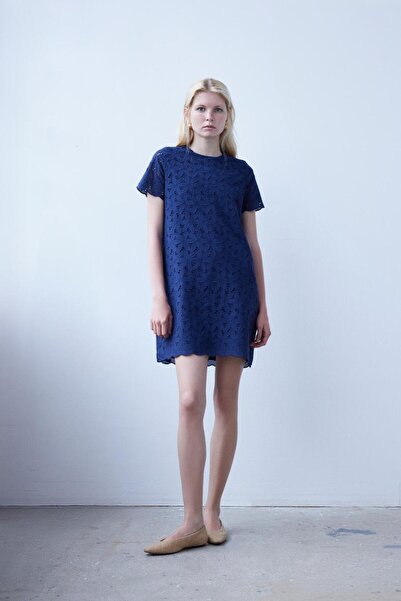 By Mare Style DORY DRESS-Organik Pamuk Lacivert Mini Tunik Güpür Elbise